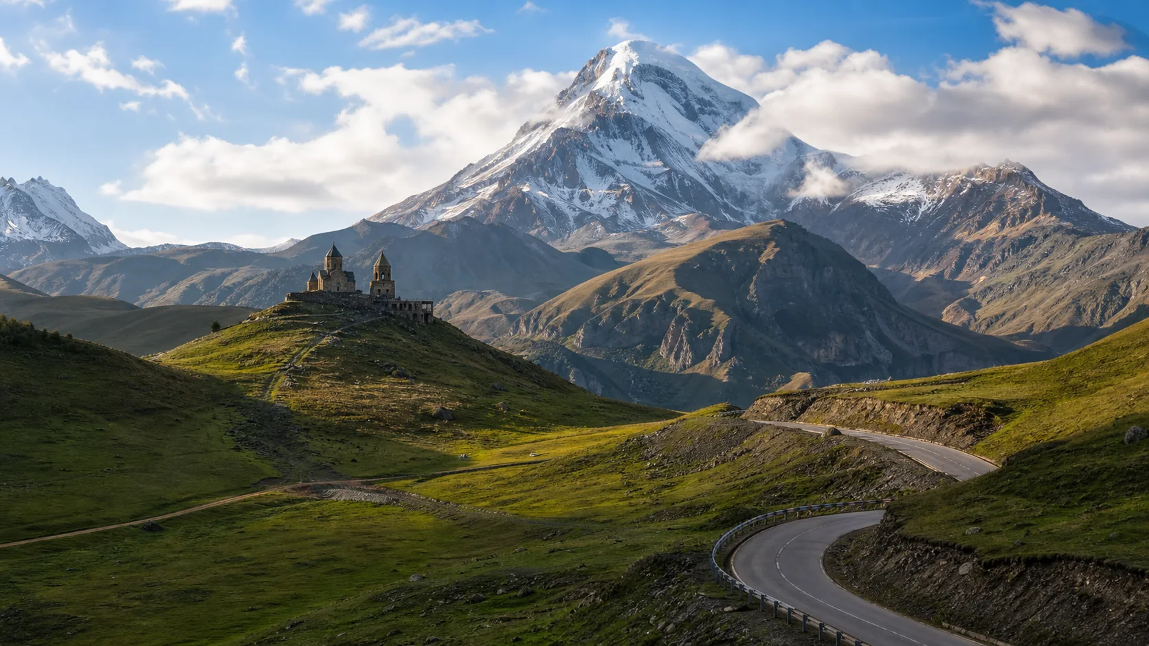 Illustration von Kazbegi mit Bergkirche, Tal und Mount Kazbek