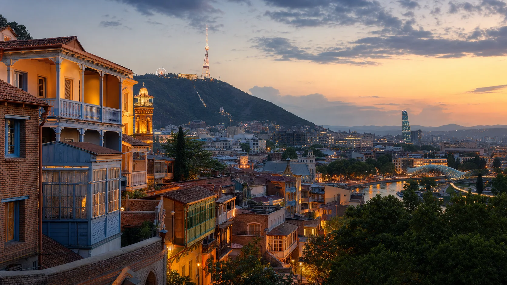 Illustration von Tbilisi mit Altstadt, Fluss und Abendlicht